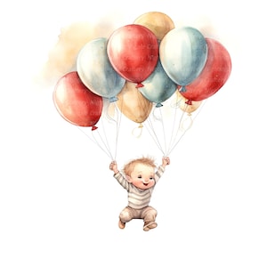 9 Kind fliegen mit Ballons Clipart, Kind Ballon, druckbare Aquarell Clipart, hochwertige JPG, digitaler Download, Papiermodell, Junk Journal