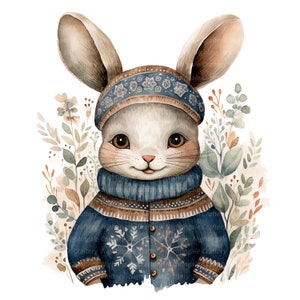 11 clipart coniglietto folk scandinavo, Natale, clipart acquerello stampabile, JPG di alta qualità, download digitale, creazione di carta, diario spazzatura