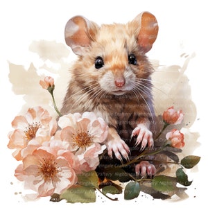 Mouse in Flowers Clipart, Printable Watercolor Clipart, 10 High Quality ...