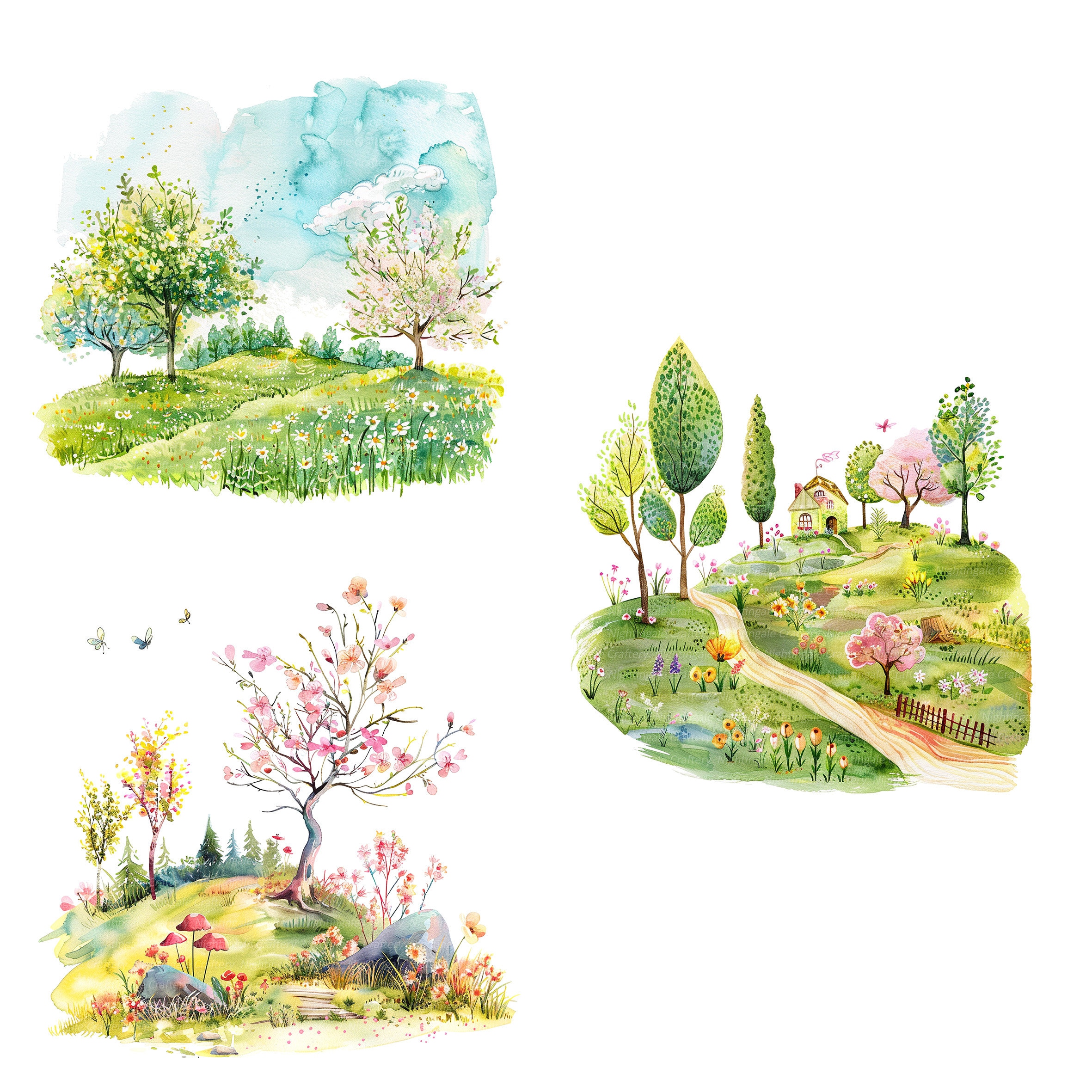 14 Spring Landscape Clipart, Spring Clipart, Printable Watercolor Clipart,  High Quality Pngs, Digital Download, Paper Craft, Junk Journals - Etsy, image size:2362x2362