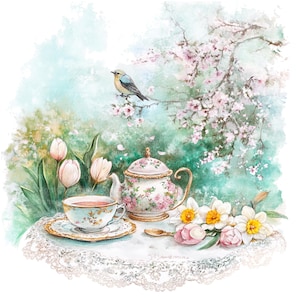 May include: A watercolour painting depicts a tea set with a cup, saucer, teapot, and spoon on a white lace tablecloth. Pink and yellow flowers and tulips surround the tea set. A small bird perches on a flowering branch in the background.