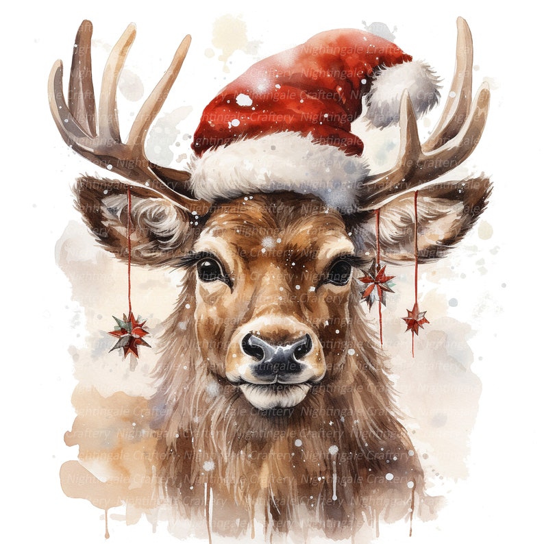 12 Deer With Santa Hat Clipart, Reindeer, Fawn, Printable Watercolor ...