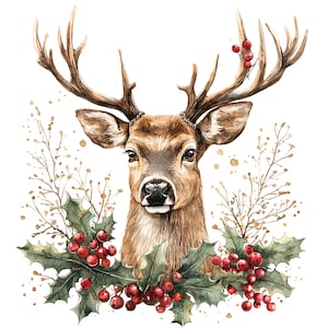 8 Clipart di cervi di Natale, agrifoglio, renna, alce, clipart acquerello stampabile, JPG di alta qualità, download digitale, artigianato di carta, diario spazzatura
