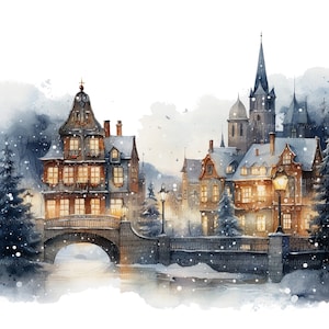 14 Clipart de carte de Noël, carte de ville d'hiver, clipart aquarelle imprimable, fichiers JPG de haute qualité, téléchargement numérique, créations en papier, journaux indésirables