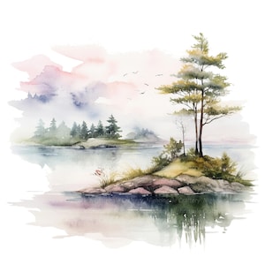 Puede incluir: Pintura acuarela de una escena de lago brumoso con una peque&ntilde;a isla en primer plano. La isla tiene algunos &aacute;rboles y rocas. El fondo muestra una isla m&aacute;s grande con un bosque de &aacute;rboles. El cielo es de un rosa y azul suave.
