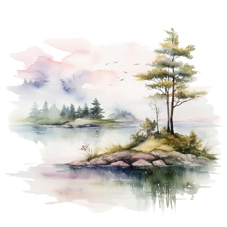 Puede incluir: Pintura acuarela de una escena de lago brumoso con una peque&ntilde;a isla en primer plano. La isla tiene algunos &aacute;rboles y rocas. El fondo muestra una isla m&aacute;s grande con un bosque de &aacute;rboles. El cielo es de un rosa y azul suave.