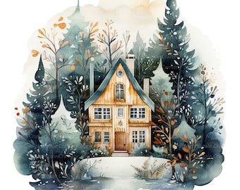12 Christmas House Clipart, Christmas Card, Printable Watercolor clipart, High Quality JPGs, Digital download, Paper craft, junk journal
