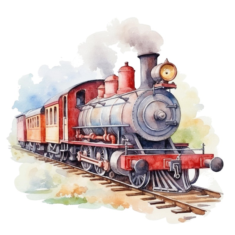 10 Cartoon Locomotives Clipart, Antique Train, Printable Watercolor clipart, High Quality JPGs, Digital download, Paper craft, junk journal image 4