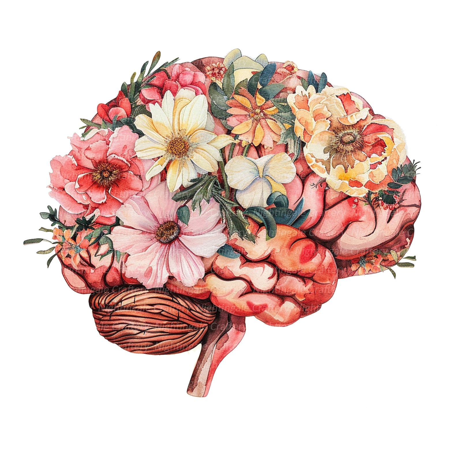10 Floral Human Brain Clipart, Anatomical Brain, Printable Watercolor ...
