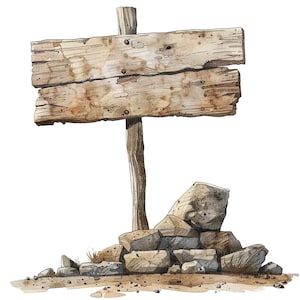 Könnte beinhalten: Ein verwitterter Holz-Wegweiser mit einem leeren Holzschild daran. Der Wegweiser steht auf einem Steinhaufen.