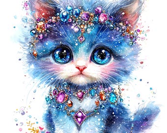 宝石をちりばめた子猫のクリップアートセット2（12枚）、印刷可能な