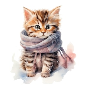 10 スカーフを巻いた子猫のクリップアート、猫のクリップアート、印刷可能な水彩画のクリップアート、高品質の JPG、デジタル ダウンロード、ペーパー クラフト、ジャンク ジャーナル