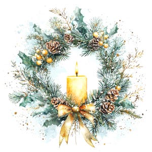 8 Christmas Wreath Clipart, Candle, Card making, Watercolor clipart, High Quality JPGs, Printable clipart, Digital download, Paper craft