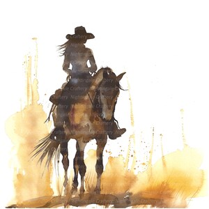 May include: A watercolor painting of a woman riding a horse. The woman is wearing a cowboy hat and the horse is brown. The background is a light brown color with splashes of paint.