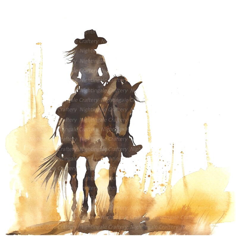 May include: A watercolor painting of a woman riding a horse. The woman is wearing a cowboy hat and the horse is brown. The background is a light brown color with splashes of paint.