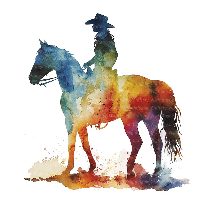 May include: A watercolor painting of a person riding a horse. The painting is done in a rainbow of colors, with the horse and rider silhouetted against a white background.