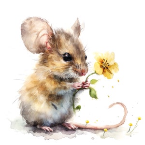 8 Mouse With Flower Clipart, Printable Watercolor Clipart, High Quality ...