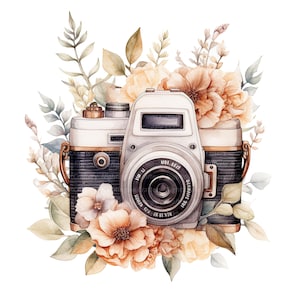 K&ouml;nnte beinhalten: Eine Vintage-Kamera mit schwarzem und silbernem Finish ist von Aquarellblumen in den Farben Pfirsich, Creme und Braun umgeben. Die Kamera hat ein Objektiv mit schwarzem Rand und einem silbernen Geh&auml;use.