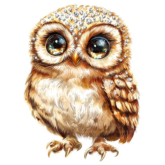 宝石をちりばめたフクロウのクリップアート10点、超リアルな印刷可能な