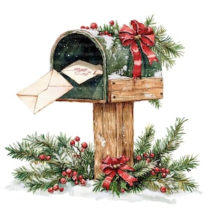 May include: A festive watercolour illustration of a green mailbox on a wooden post, adorned with Christmas decorations. It features a red bow, pine branches, and berries, with two envelopes emerging. Snow covers the top and base.