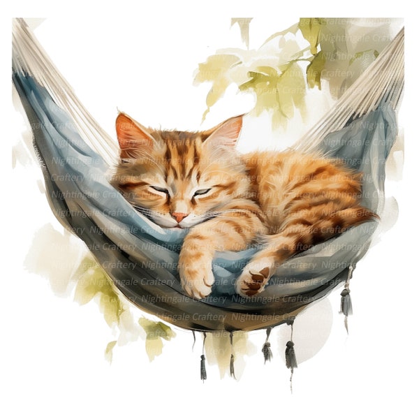 12 cliparts chat endormi, chat dans un hamac, clipart aquarelle imprimable, fichiers JPG de haute qualité, téléchargement numérique, créations en papier, journaux indésirables