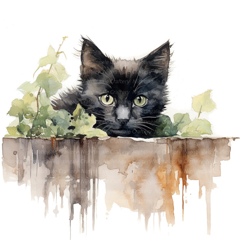May include: A black cat with green eyes peeks over a wooden fence covered in green ivy. The cat's fur is painted in a watercolor style, with soft edges and subtle shading.