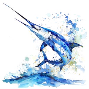 8 Blue Marlin Clipart, Marlin Wall Art, Printable Watercolor clipart, High Quality JPGs, Digital download, Paper craft, junk journals