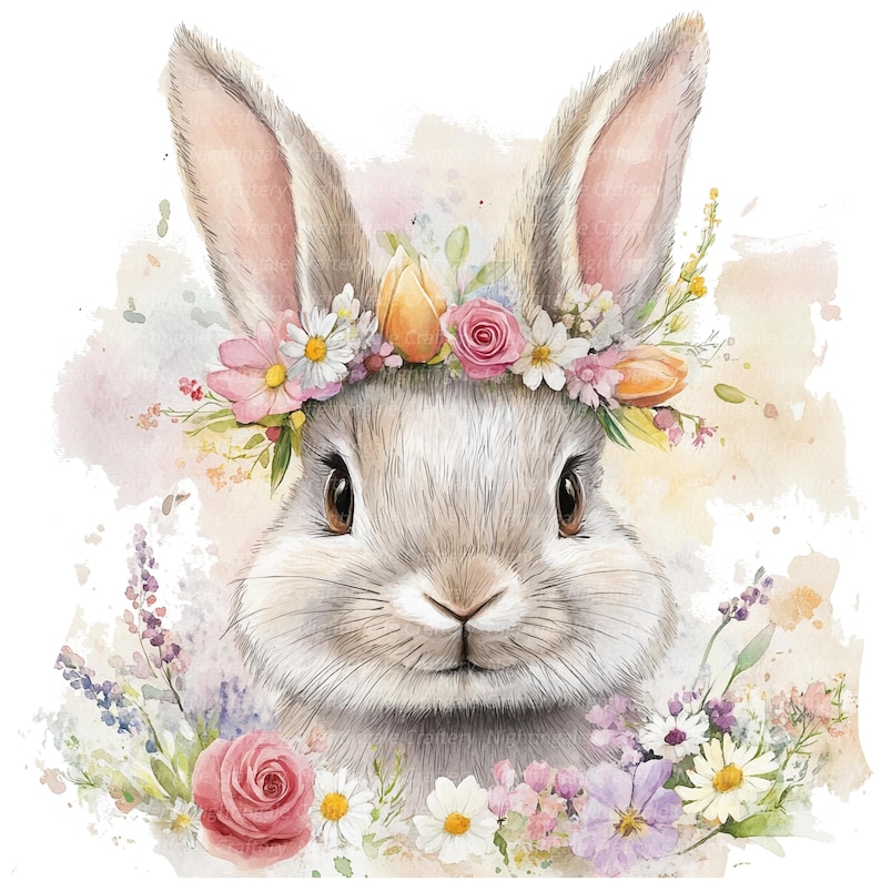 May include: A watercolor illustration of a cute bunny wearing a flower crown. The bunny has soft, gray fur and pink ears. The flower crown is made of pink, white, and yellow flowers.