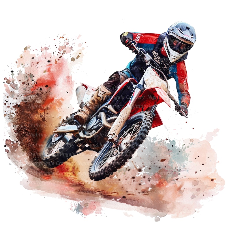 May include: A red and white dirt bike with a rider in a red and black racing suit, jumping over a dirt track. The bike is in mid-air with the front wheel off the ground. The rider is wearing a helmet and goggles. The background is a watercolor painting of a dirt track.