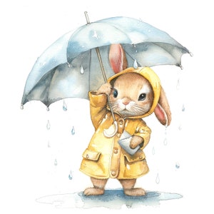 10 cliparts lapin pluvieux, lapin avec parapluie, clipart aquarelle imprimable, fichiers JPG de haute qualité, téléchargement numérique, créations en papier, journal indésirable