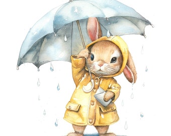 Puede incluir: Una pintura de acuarela de un conejo marrón que lleva un impermeable amarillo y sostiene un paraguas. El conejo está de pie en un charco de agua con gotas de lluvia cayendo a su alrededor.