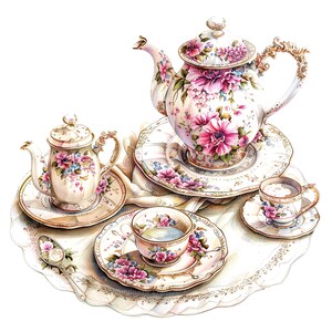 May include: A set of floral teacups and teapot with intricate designs. The teapot has a gold handle and spout. The teacups and saucers are decorated with pink and blue flowers.