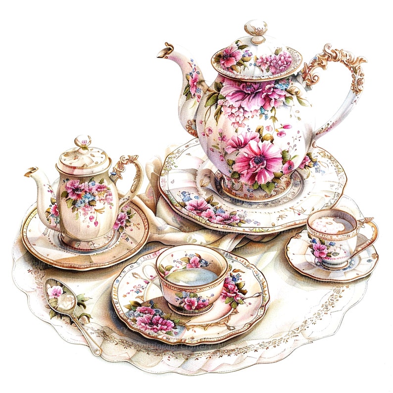 May include: A set of floral teacups and teapot with intricate designs. The teapot has a gold handle and spout. The teacups and saucers are decorated with pink and blue flowers.