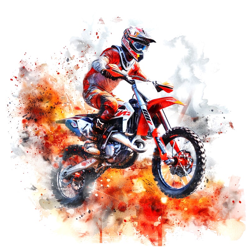 May include: A red and white motocross bike with a rider in a red and white racing suit. The bike is in mid-air, with a watercolor background of orange and yellow.