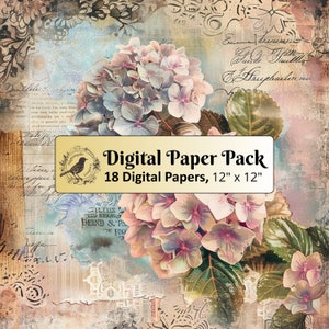 18 papiers d'arrière-plan vintage hortensias, paquet de papier numérique 12 x 12, papier journal indésirable, papier de scrapbooking, papier imprimable, JPG de haute qualité