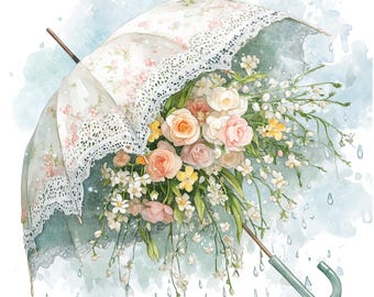11 Kwiatowy Parasol Clipart, Wiktoriański Parasol, Wydrukowalny Akwarelowy Clipart, Wysokiej Jakości JPG, Pobieranie Cyfrowe, Rękodzieło Papierowe, Dziennik Śmieciowy