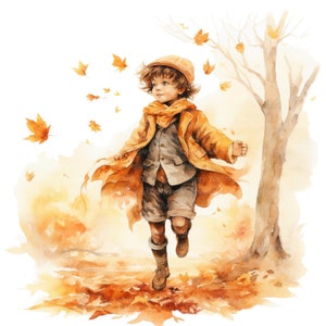 14 niño pequeño en imágenes prediseñadas de otoño, niño de otoño, imágenes prediseñadas de acuarela imprimibles, PNG de alta calidad, descarga digital, artesanía de papel, diario basura