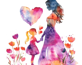 Puede incluir: Pintura acuarela de una madre y una hija tomadas de la mano. La madre lleva un vestido largo y fluido y la hija lleva un vestido corto. Están rodeadas de flores coloridas. La imagen está en tonos de rosa, morado, naranja y amarillo.