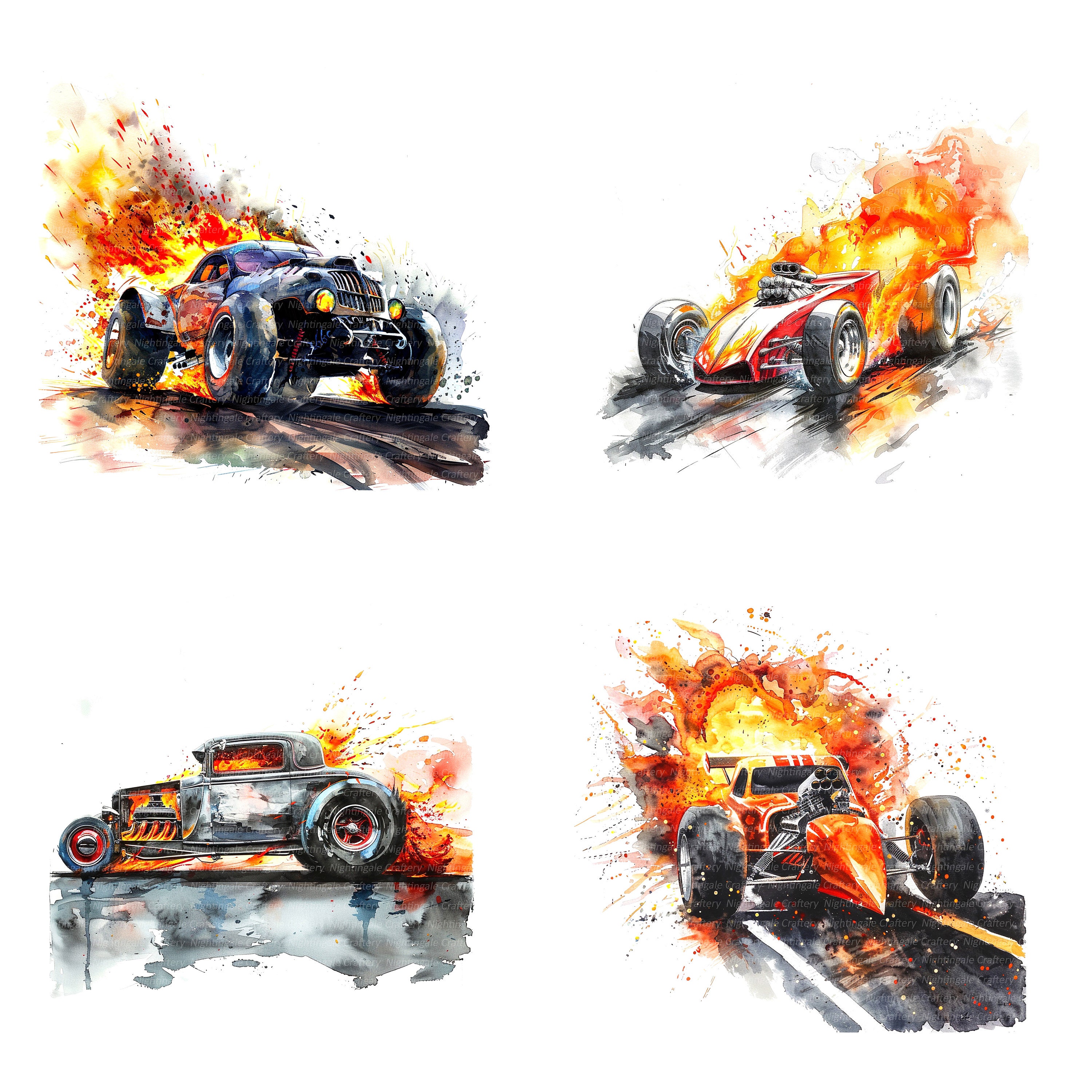18 Drag Racing Cars Clipart, Fiery Cars, Drag Race, Printable ...