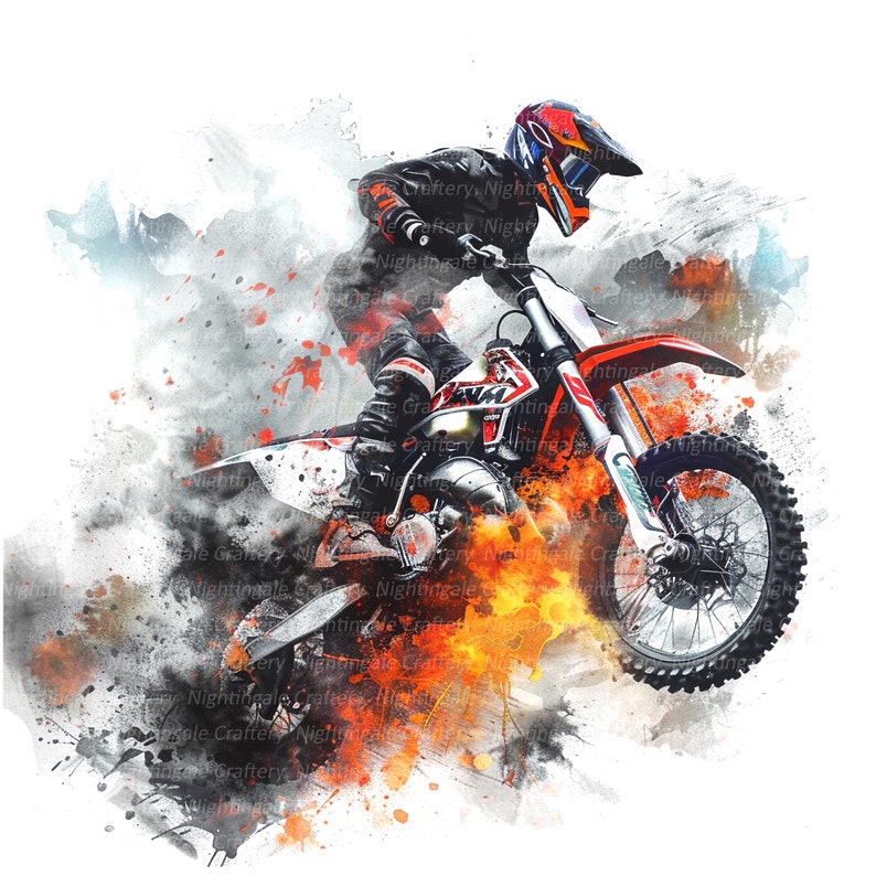 May include: A red and white dirt bike with flames coming from the engine. The rider is wearing a black and white helmet and a black and white racing suit. The background is a watercolor painting of a mountain landscape.