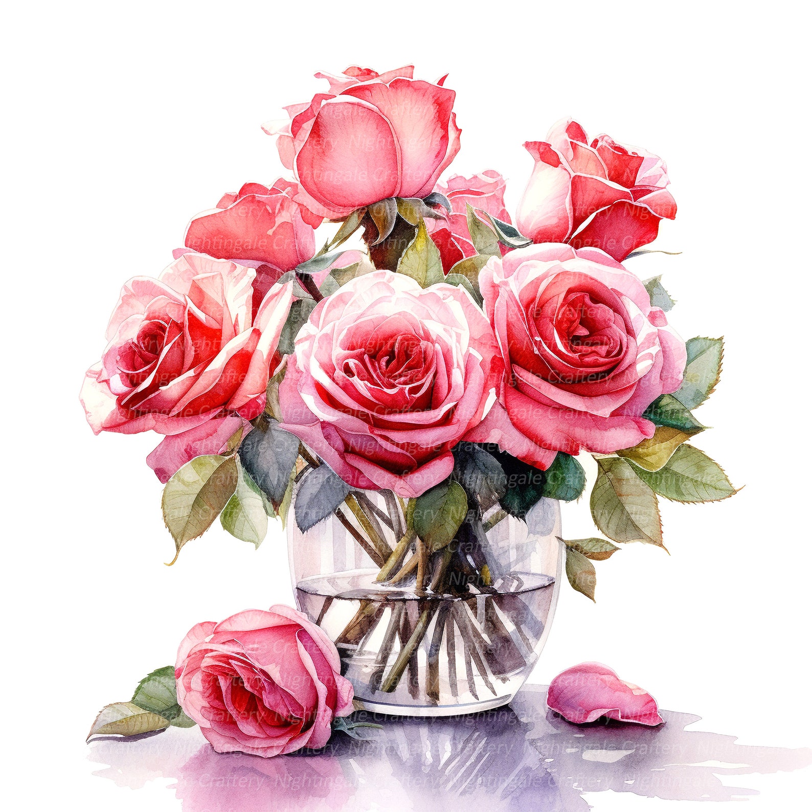 10 Roses in Vase Clipart, Pink Roses, Printable Watercolor Clipart ...