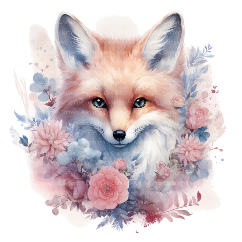 May include: A watercolor painting of a red fox with blue eyes surrounded by pink and blue flowers. The fox is looking directly at the viewer.