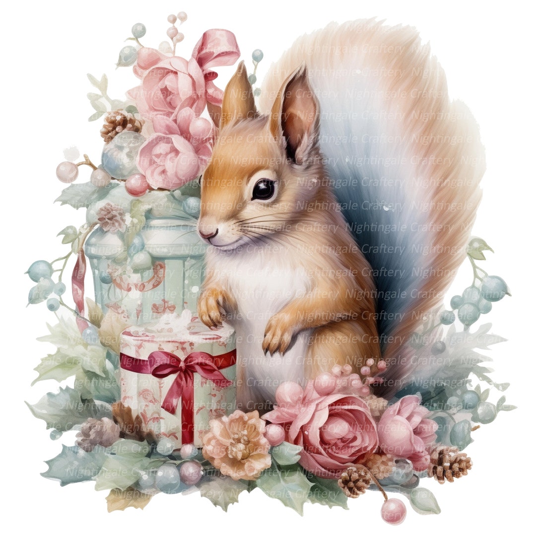 10 Stylized Christmas Squirrel Clipart, Printable Watercolor Clipart ...