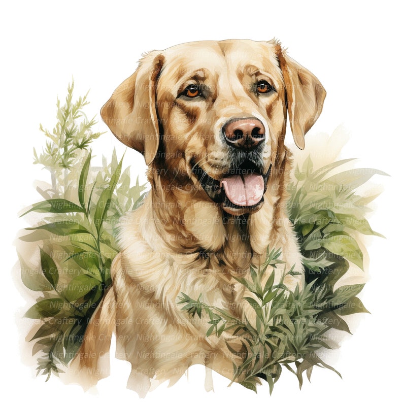 Może przedstawiać: Aquarela przedstawiająca psa rasy golden retriever o jasnobrązowym umaszczeniu. Pies patrzy w prawo i ma język wystający. Pies jest otoczony zielonymi liśćmi.