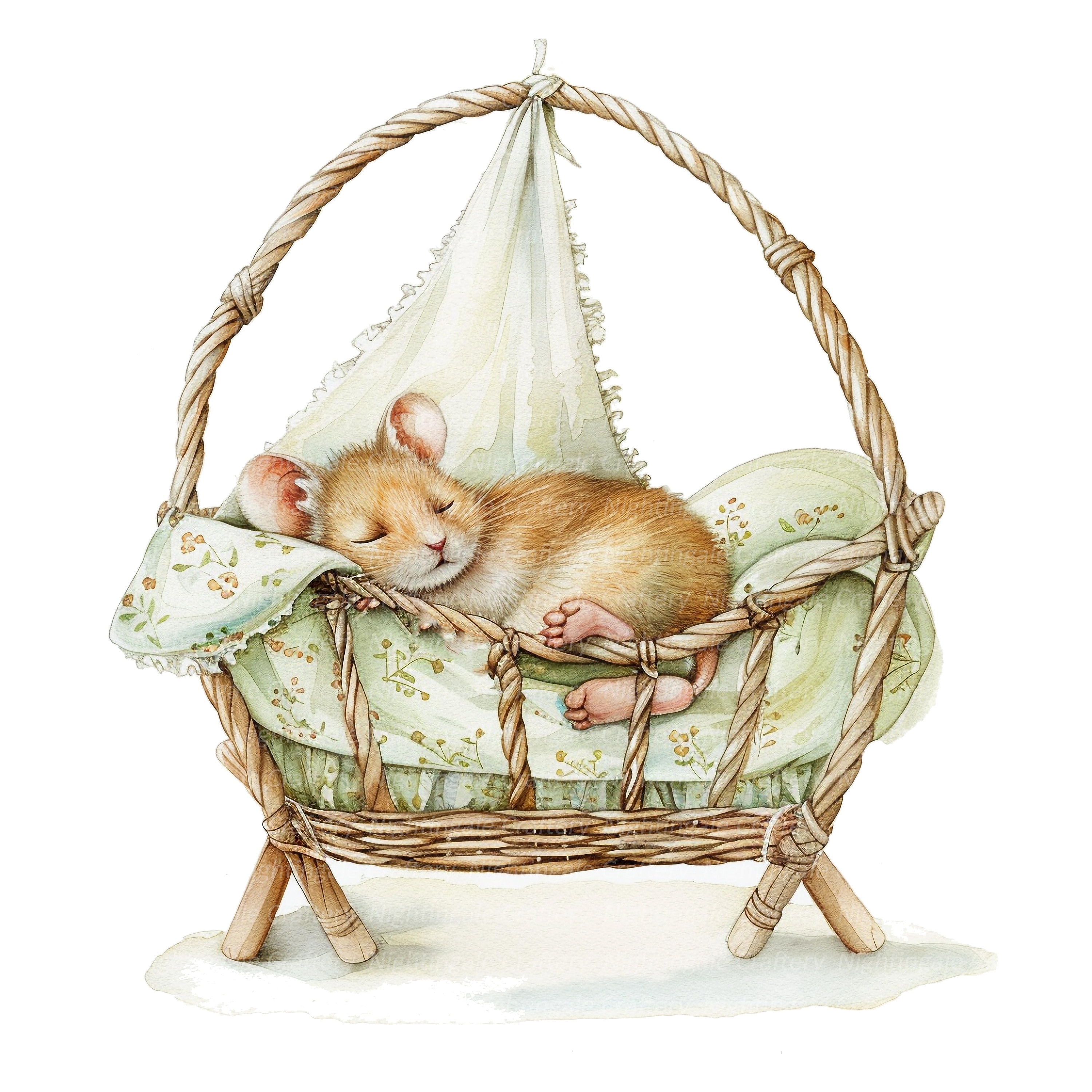8 Sleeping Mouse Clipart, Mouse in Cradle, Printable Watercolor Clipart ...