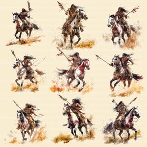 K&ouml;nnte beinhalten: Aquarellillustrationen von indianischen Kriegern auf Pferden, die jeweils einen Speer halten. Die Pferde sind in Bewegung dargestellt, mit einer Vielzahl von Farben und Mustern. Der Hintergrund ist hellbeige, mit Andeutungen von Gras und Erde.
