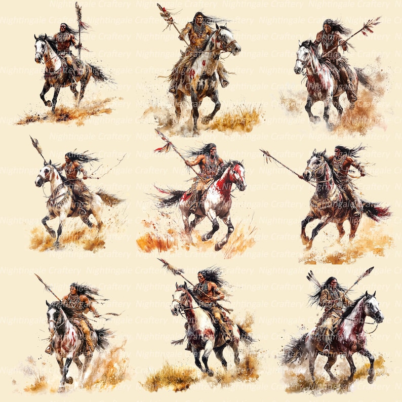 K&ouml;nnte beinhalten: Aquarellillustrationen von indianischen Kriegern auf Pferden, die jeweils einen Speer halten. Die Pferde sind in Bewegung dargestellt, mit einer Vielzahl von Farben und Mustern. Der Hintergrund ist hellbeige, mit Andeutungen von Gras und Erde.