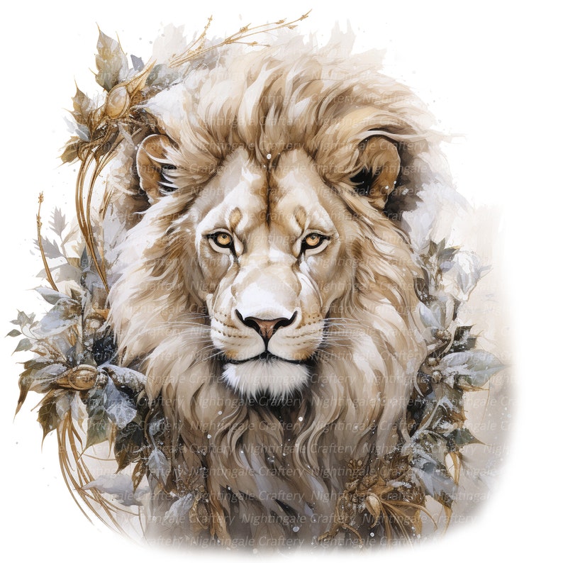 May include: A white lion with a golden mane, looking directly at the viewer. The lion is surrounded by a delicate, wintery floral design with gold accents.