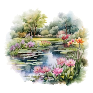 16 Clipart jardin floral avec étang, clipart aquarelle imprimable, fichiers JPG de haute qualité, téléchargement numérique, haute résolution, créations en papier