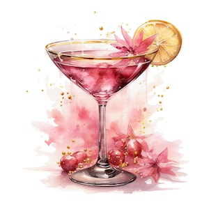 8 cliparts cocktails roses, adorables cocktails, clipart aquarelle imprimable, JPG/PNG de haute qualité, téléchargement numérique, créations en papier, journaux